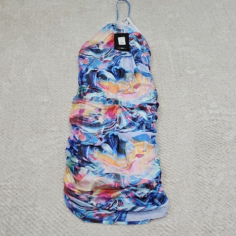 Fashion Nova Blue and Pink Sundress Mini Halter Sleeveless